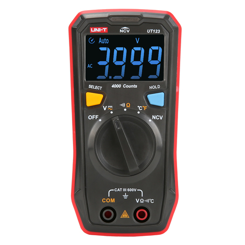 UNI-T UT123 Mini Digital Multimeter Auto Range Data hold AC DC Volt Meter Ohm Temperatue NCV/Continuity Tester EBTN Display ► Photo 1/6