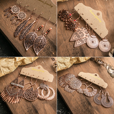 Ethnic Rose Gold Metal Tassel Fringe Womens Earrings Sets Jewelry Bohemia Vintage Round Circle Leaf Geometric Drop Earrings Gift ► Photo 1/6
