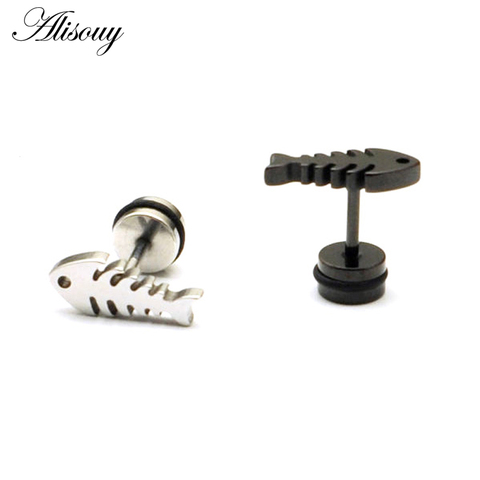 Fish bones Not fade white black titanium steel Punk Hiphop Men Screw Back (pierced) stud earrings ► Photo 1/6