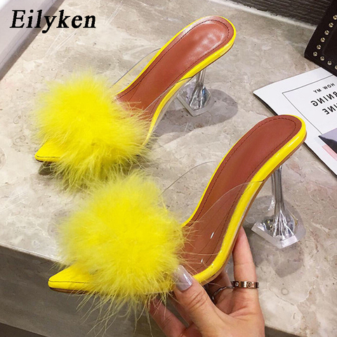 Eilyken Summer Woman Pumps PVC Transparent Feather Perspex Crystal High Heels Fur Peep Toe Mules Slippers Ladies Slides Shoes ► Photo 1/6