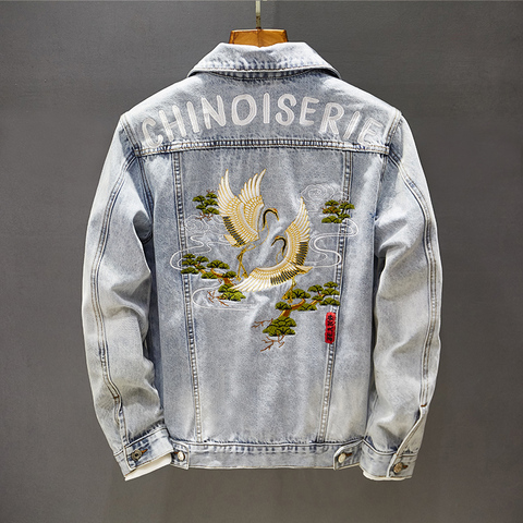 Autumn men's chinoiserie embroidered cranes Chinese style denim jacket fashion Japanese streetwear denim clothing coats 5XL ► Photo 1/6