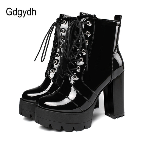 Gdgydh 2022 Thick High Heeled Female Patent Leather Ankle Boots Round Toe Lace-up Zipper Women Short Boots Gothic Women Shoes ► Photo 1/6