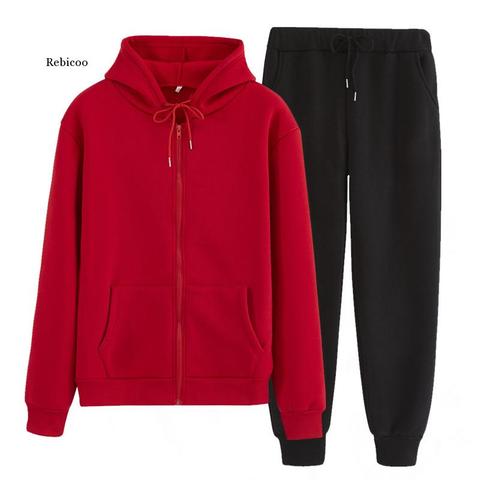 Autunm Winter Casual Women Sets Warm Solid Color Ladies Zipper Hooded Sweatshirt+Pants Loose Female Sports Suits Wild Lady Set ► Photo 1/6