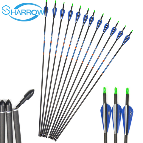 SHARROW 12pcs Archery pure Carbon Fiber Hunting  31inch Arrows Spine 400 Arrow Fit Compound Recurve Bow Hunting Shooting ► Photo 1/6