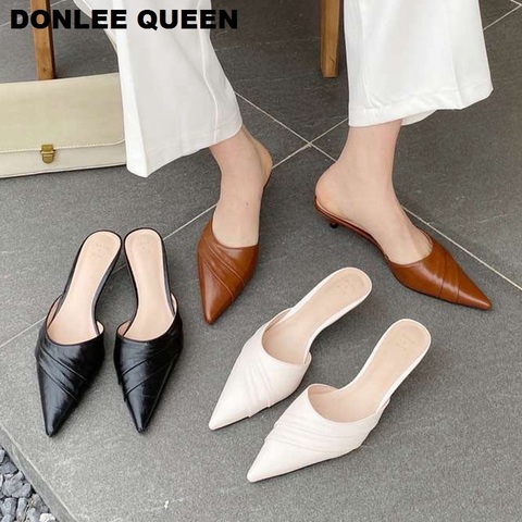 Brand Slippers Women Pointed Toe Slides Women Low Heel Mules Thin Heel Slippers Outdoor Flip Flops  Pleated Shoes Female Sandals ► Photo 1/6