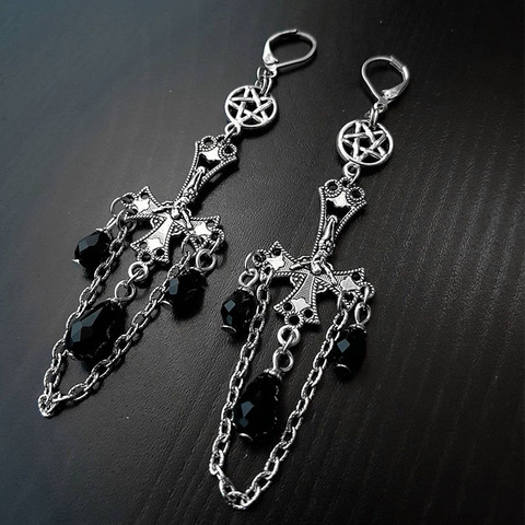 Inverted Crucifix earrings with black glass crystal teardrops. Classic gothic dangling ornamental satanic earrings ► Photo 1/2