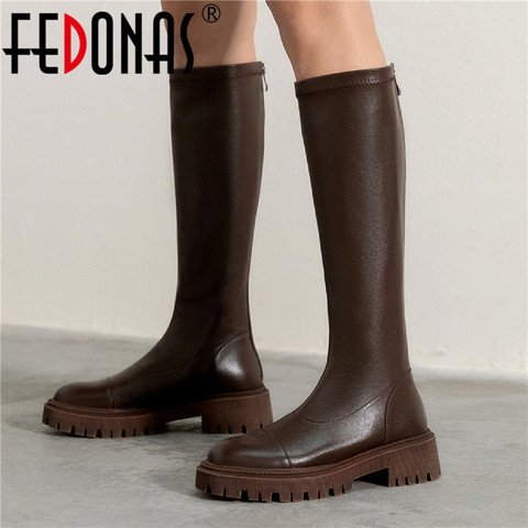 FEDONAS Round Toe Knee High Boots Autumn Winter Chunky Heels Shoes Woman Heels 2022 Genuine Leather Party Basic Tight High Boots ► Photo 1/6
