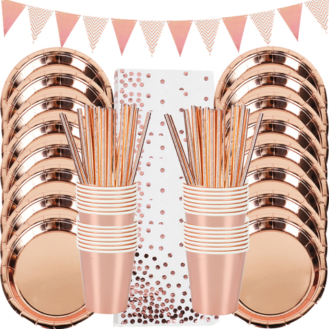 Rose Gold Party Disposable Tableware Set Party Table Decoration Paper Cups Plates Straws Wedding Birthday Party Supplies ► Photo 1/6