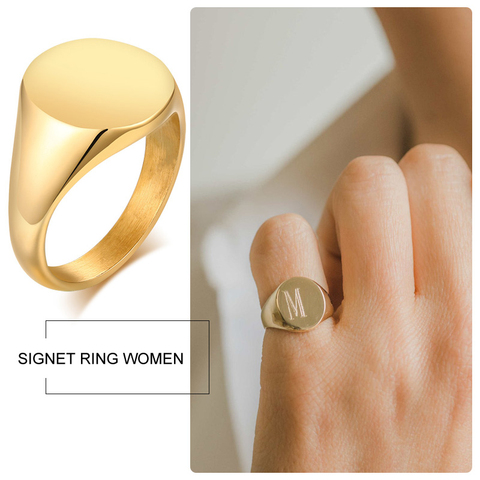 Personalized Stainless Steel Signet Ring In Gold Color Engraving Initial Letter Pinky Women Ring ► Photo 1/6