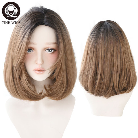 7JHH Blonde Middle Part Synthetic Lolita Wig For Women 2 Tone Ombre Black Brown Wigs Heat Resistant Short Straight Bob Wig ► Photo 1/6