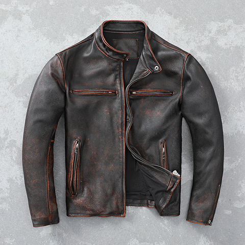 Free shipping.Wholesales.Vintage style dark brown leather jacket.quality biker cowhide coat.rider slim motor leather clothes ► Photo 1/4