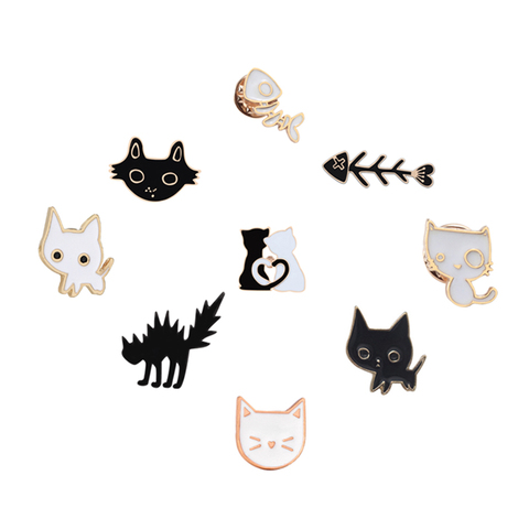 Cartoon Animal Cats Brooches Black White Fish Bone Enamel Pins Cute Fashion Jewelry Love Gift for Girl Couple Lapel Shirts Badge ► Photo 1/6