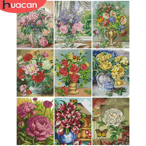 HUACAN Cross Stitch Flower Kits White Canvas DIY Cross-Stitch Flowers 11CT 14CT Embroidery Needlework Sets Home Decoration ► Photo 1/6