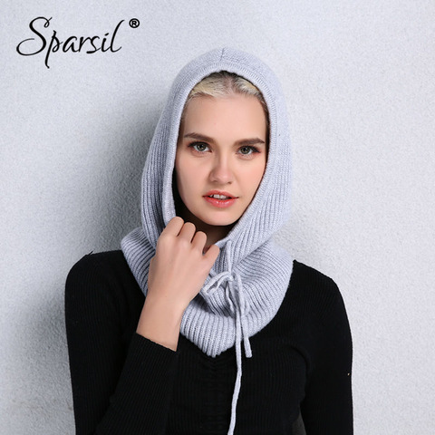 Sparsil Unisex Knitted Cashmere Hooded Neck Collar Cap Head Drawstring Thick Beanie Men&Women Solid Color Adjustable Elastic Hat ► Photo 1/6