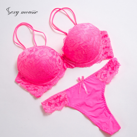 Sexy mousse Neon Green Lid Set of Underwear Warm Arm Cotton Women Bra and Thong Set Women Lace Big Size Push Up Bra Panties ► Photo 1/6