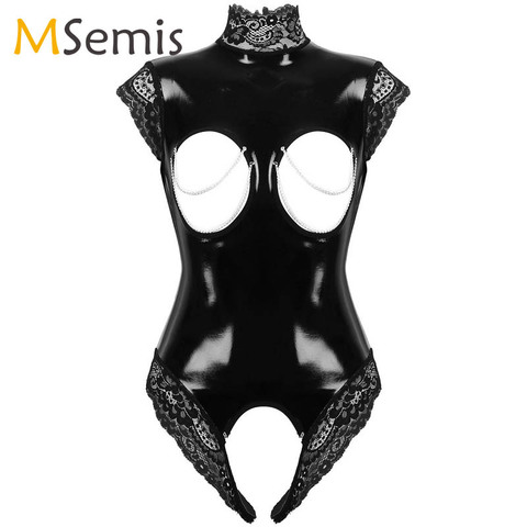 Womens Lingerie Crotchless Bodysuit Wet Look Patent Leather High Neck Sleeveless Open Breast Lace Trimmed Sexy Leotard Bodysuit ► Photo 1/6