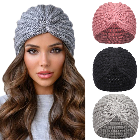 Haimeikang Women New Bandanas Turban Winter Knit Turban Cap Center Cross Hair Scarfs Boho Knotted Warm Headband Muslim Hat ► Photo 1/6