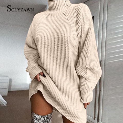 Autumn Winter Warm Oversized Turtleneck Long Sweater Dress Women Thick Loose Beige Knitted Pullovers Korean Tunic Stripe Shirt ► Photo 1/5