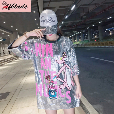 2022 Summer New Women fashion Sequins T-Shirt Women Plus Size Cartoon Print T Shirt Women Short Sleeve Round Neck Oversized Tops ► Photo 1/6