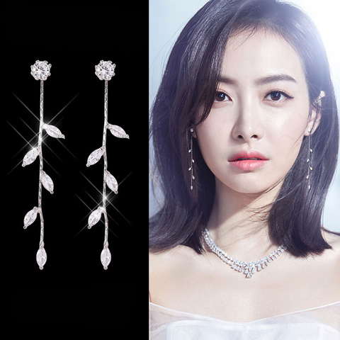 Trendy 925 Sterling Silver AAA Zircon Simple Sparkling Leaf Chain Tassel Drop Earrings for Women Girls Gift Pendientes Brincos ► Photo 1/6