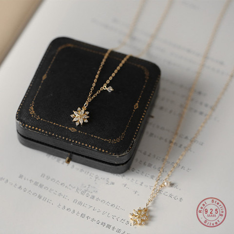 925 Sterling Silver Simple Pavé Zircon Snowflake Sun Flower Pendant Necklace Women 14K Gold Plated Wedding Jewelry Accessories ► Photo 1/4