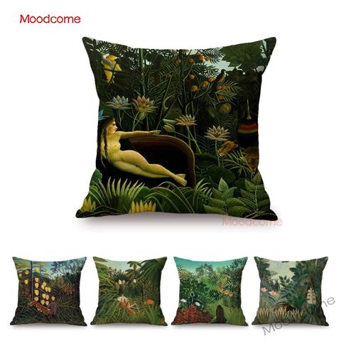 Green Summer Jungle Tropical Leaves Animals Oil Painting Art Sofa Pillow Case Henri Rousseau Dream Artwork Linen Cushion Cover ► Photo 1/6