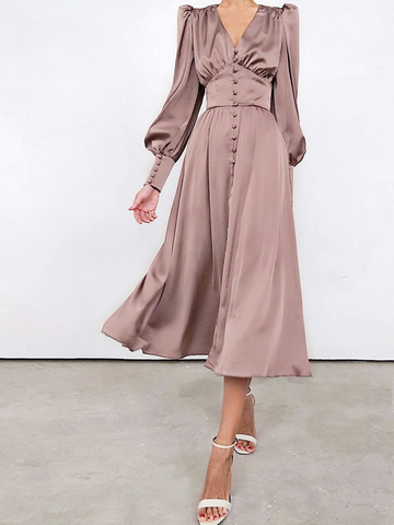 Women  Party Dress Solid V Neck Maxi Slim Satin Elegants Vestido De Mujer Robe Manche Longue Evening New Year Soirée Black Dress ► Photo 1/6