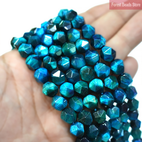 Natural Diamond Faceted Peacock Blue Tiger Eye Stone Round Beads for Jewelry Making DIY Bracelet Necklace 15