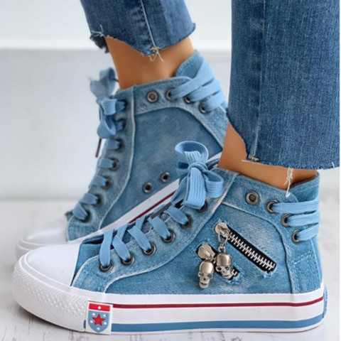 Shoes Women Canvas Chic High Top Denim Leisure Footwear Womens All-match Flat Zipper Walk In Ladies Breathable flat shoes ► Photo 1/6