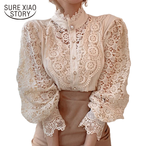 Spring Hollow Out Lace Shirt Women Blusas Mujer De Moda 2022 Office Lady Flower Blouse Stand Collar Button Female Clothing 12419 ► Photo 1/6