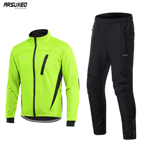 ARSUXEO Men's Thermal Fleece Cycling Jacket Set MTB Jersey Winter Windproof Sportswear Bike Pants Bicycle Suits Clothing 16HH ► Photo 1/5