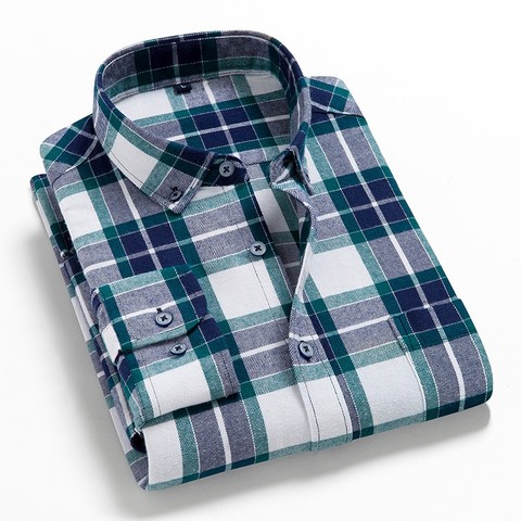 Men's Plaid Flannel Shirt Chest Pocket Smart Casual Classic Contrast Standard-fit Long Sleeve Dress Shirts ► Photo 1/6