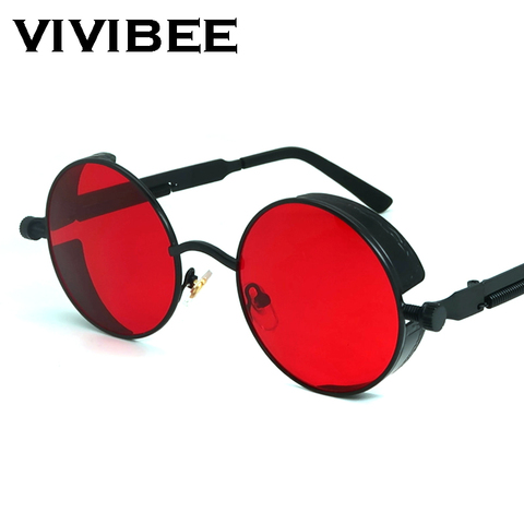 VIVIBEE Vintage Steampunk Red Sunglasses Men Round Punk Alloy Metal Retro Sun Glasses Women 2022 Goggles Men Gothic Style Shades ► Photo 1/6