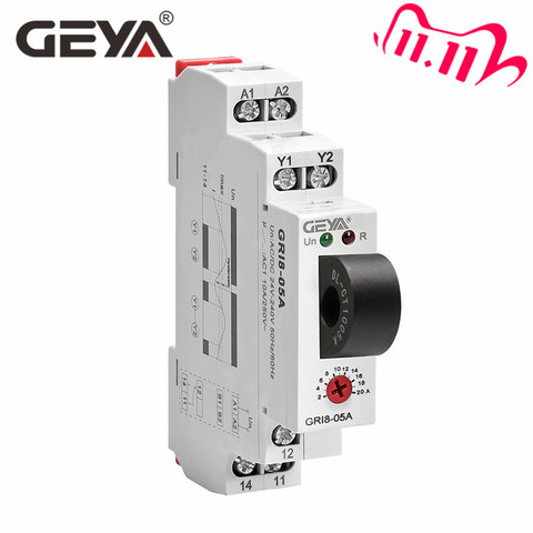NEW GEYA GRI8-05 AC OR DC Current Monitoring Relay Straight-Through 2A-20A AC24V-240V Over-Current Under-Current Protection ► Photo 1/6