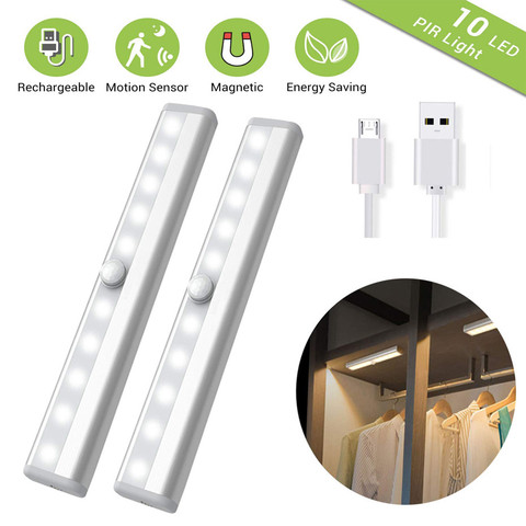 PIR Under Cabinet Light USB Rechargeable Motion Sensor Closet Lights Wireless Magnetic Stick-on Cordless 10 LED Night Light Bar ► Photo 1/6