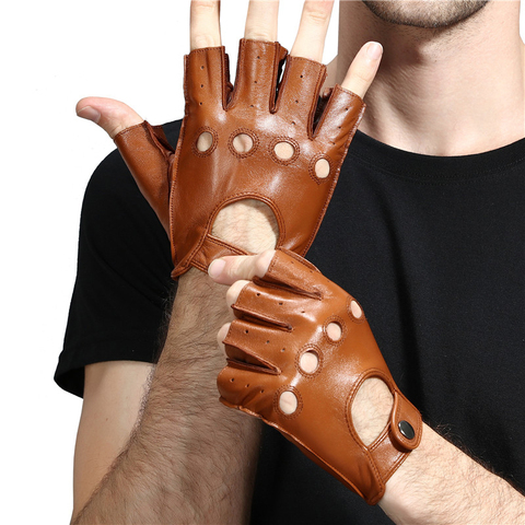 Leather gloves men's half finger fitness sports driving anti-skid strong wear-resistant driving retro motorcycle sheepskin glove ► Photo 1/6