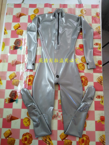 Silver Front Zip Full Body Men's Latex Catsuit Rubber Fetish Bodysuits Open Small Hole for Condom ► Photo 1/4