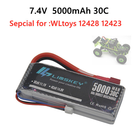 Limskey New Version Good Quality Rc Lipo Battery 7.4V 5000mah 2S 30C Max 60C for Wltoys 12428 12423 1:12 RC Car Spare parts ► Photo 1/6