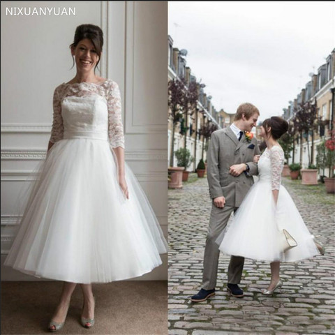 2022 Summer A Line Wedding Dresses 3/4 Long Sleeve Tulle Tea Length Cheap Bridal Gowns ► Photo 1/6