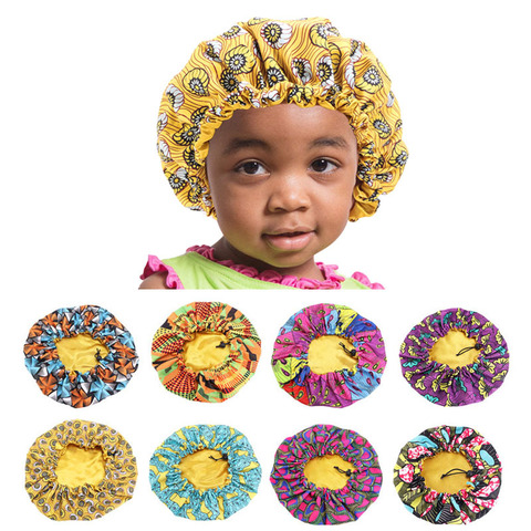 African Kids Hair Caps Print Ankara Bonnet Stain Silky Big Bonnet Sleep Night Cap Children Headwrap Hat Hair Wrap Styling Tools ► Photo 1/6