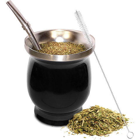 Yerba Mate Natural Gourd/Tea Cup Set 8 Ounces Bombillas Yerba Mate Straw,Cleaning Brush,Stainless Steel,Double-Walled,Easy Clean ► Photo 1/6