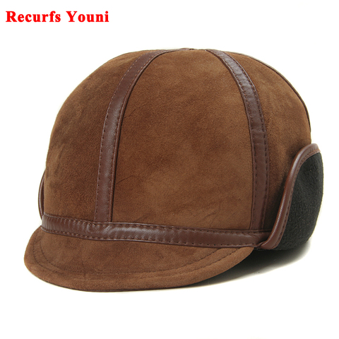 Winter Men's Soft Leather Short Brim Warm Bomber Hat Male Lightweight Suede Fur Caps With Earmuffs Windproof Lined Melon Chapeau ► Photo 1/6