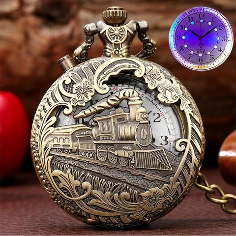 New Luminous LED Light Arabic Numerals Display Bronze Train Locomotive Engine Quartz Pocket Watch Retro Punk Pocket Chain  Clock ► Photo 1/6
