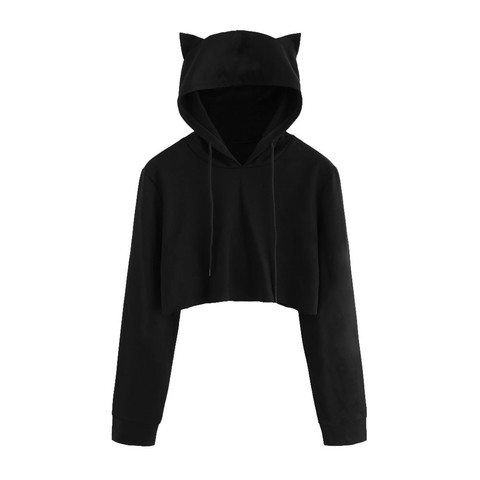 Cute girl Spring Sweatshirts Hoodie Crop Tops Solid Cat Ear Long Sleeve Cropped Sweatshirt Hooded Pullover пуловер ► Photo 1/6