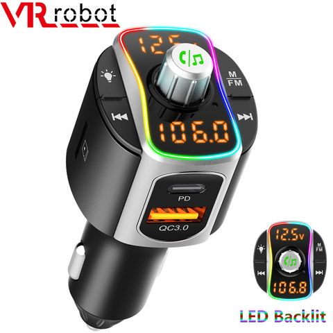 VR robot Car FM Transmitter Bluetooth 5.0 MP3 Audio Player QC3.0+PD Fast Charging Wireless Handsfree Car Kit with LED Backlit ► Photo 1/6