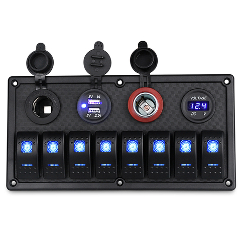 12V/24V 8 Gang Marine Switch Panel On-Off + Dual USB Power Cigarette Lighter Socket Waterproof With Led Voltmeter USB Charging ► Photo 1/6