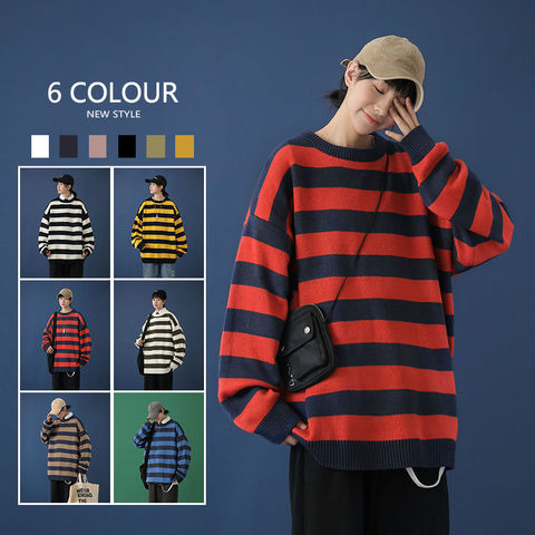 Contrast Stripe Knitted Sweater Autumn Winter 6 Color Men And Women's Pullover Black Red Striped Oversized Sweater Hot Sale ► Photo 1/6