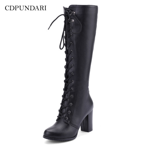 CDPUNDARI Black Knee High Boots Autumn Winter Long Boots Women High Heels Motorcycle Boots Ladies Calf Boots Shoes Woman ► Photo 1/6