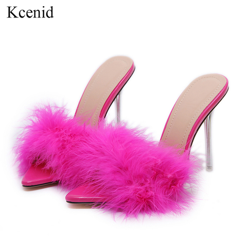 Kcenid Summer new sexy feather woman slippers transparent perspex high heels fur stiletto peep toe mules lady slides shoes rose ► Photo 1/6