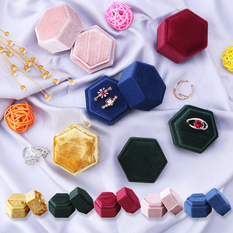 Hexagon Shape Velvet Jewelry Box Double Ring Storage Box Wedding Ring Display For Woman Gift Earrings Packaging 5 Colors ► Photo 1/1